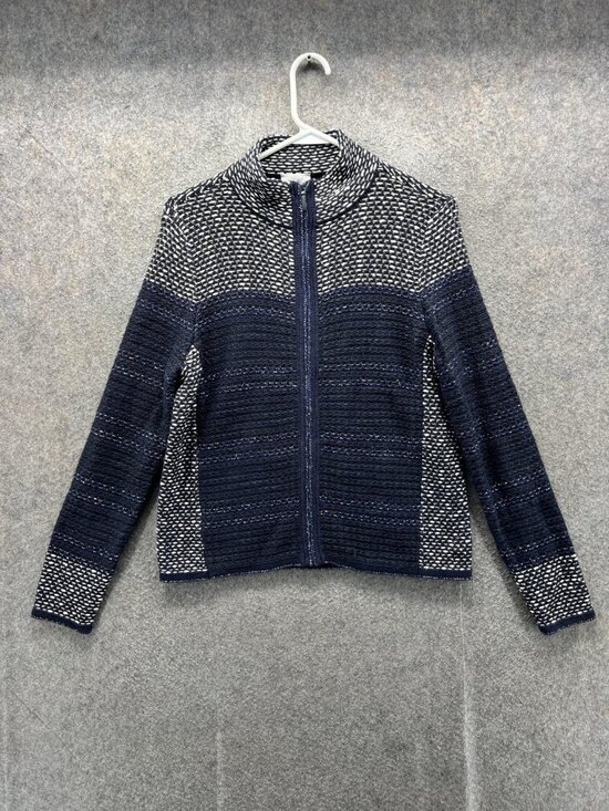 Chico's Sweaters - Chico's Sweater Womens 1 Blue Mock Neck Full Zip Striped Knit Long Sleeve